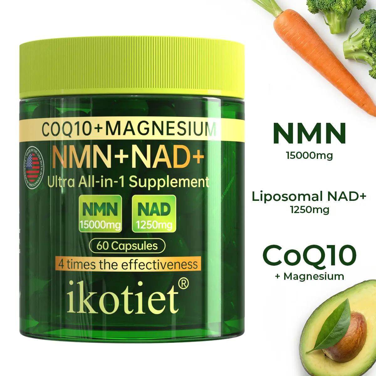 IKOTIET NMN+NAD+CoQ10 All-in-One 15,000 mg PureNAD ​​Supplement, boosts immunity and fights aging, 60 capsules + free trial pack, contains pure NMN, calcium, and akg of high-dose vitamins, low in sugar and fat, and is suitable for dietary consumption.