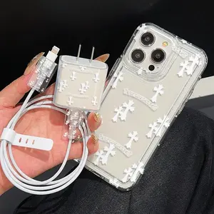 Cross Pattern Clear Phone Case with Charger Saver & Cable Protector & Storage Rope, Anti-drop Phone Protective Case, Phone Accessories for iPhone, Casing