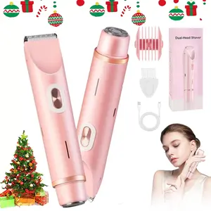 Bikini Trimmer for Women, Electric Shaver and Razor Rechargeable 2-in-1 Bodyand Facial Hair Removal Double Head forPainless Trimming of Pubic Face UnderarmLegs,IPX7 Waterproof, USB Rechargeable Trimmer, Wireless Hair Trimmer, pink