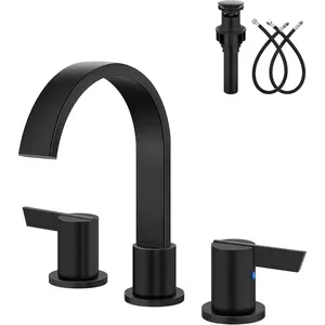 Aolemi Bathroom Faucets 3 Hole,8 Inch Widespread Waterfall Bathroom Sink Faucet,2 Handles Vanity Faucet with Pop-up Drain and Supply Black