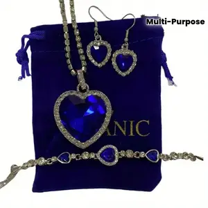 Titanic Ocean Heart Jewelry Set Elegant Vintage Style Zinc Alloy Glass Tiles Includes Necklace, Bracelet, Earrings Suitable for Daily and Party Wear Versatile Accessory for the Christmas Season tarnish proof
