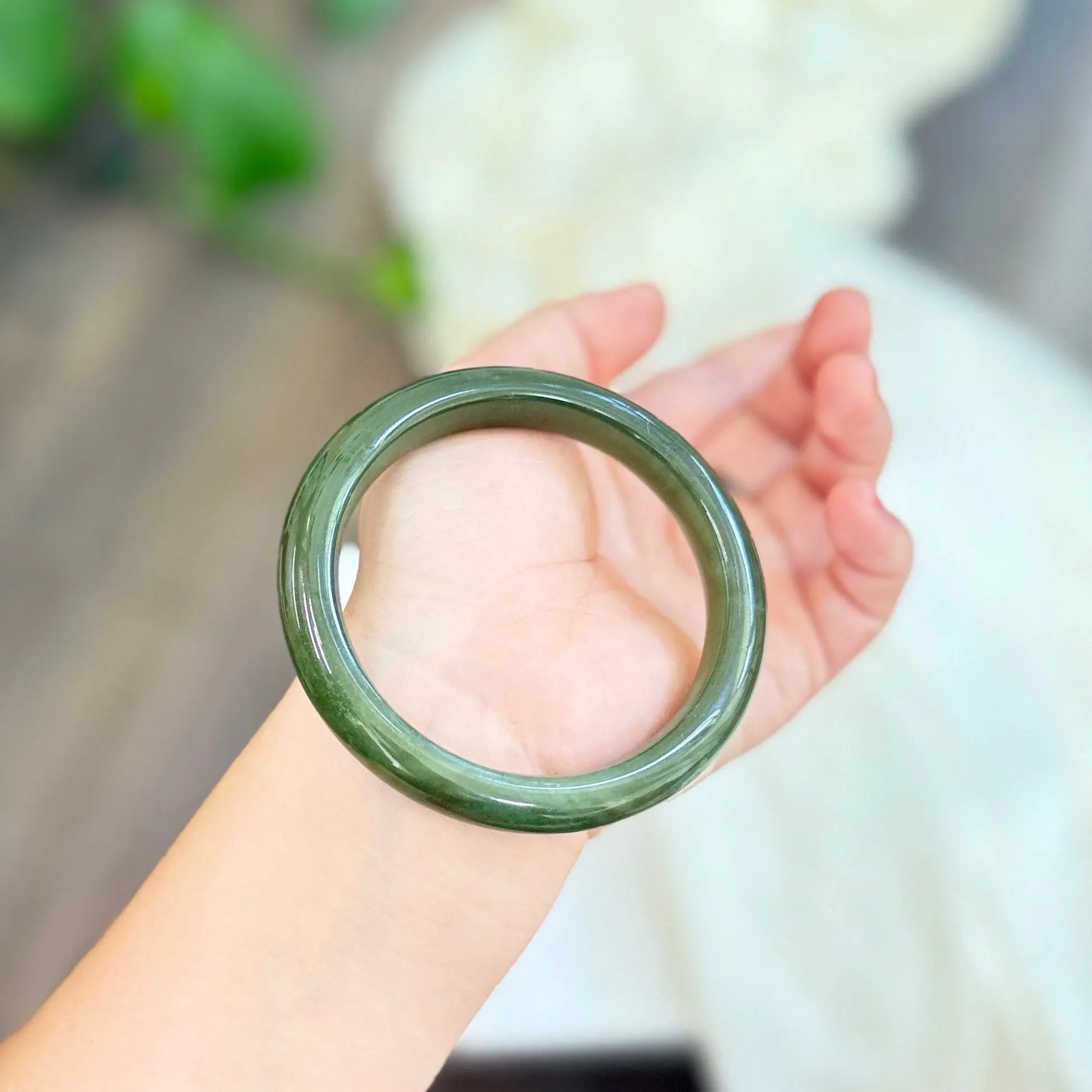 Dark Green Natural Jade Bangle, Authentic Nephrite Bangle