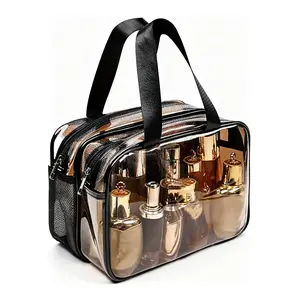 2-in-1 Multi-Functional Toiletry Bag for Women – Large Capacity Travel Organizer with 4 Compartments Outdoorfun Makeup Pouch, Portable Vintage Makeup Bag, Waterproof Transparent Makeup Organizer with Handle & Zipper, Carry-On Beauty Organizer for Vacation