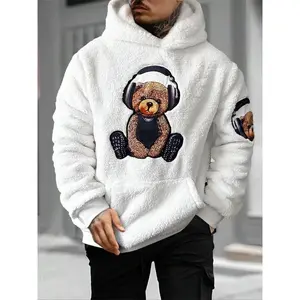 Men’s cartoon bear embroidery plush hoodie — casual loose long-sleeve hooded sweatshirt with pocket for fall and winter; fashionable men’s clothing for everyday wear