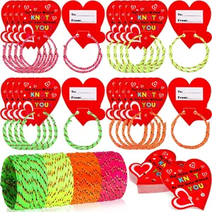 50 Pcs Valentine's Day Neon Friendship Bracelets Bulk with 50 Pcs Heart Card for Valentine's Gifts Birthday Goodie Bag Stuffers