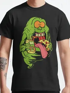 Ghostbusters Cotton Crew Neck T-Shirt with Playful Slime and Pizza Patterns - Men'S Black Casual Short Sleeve T-Shirt, Regular Version, Machine Washable Fabric Menswear