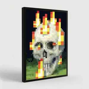 Vivid Pixel Skull Flame Canvas Poster Retro 8-Bit Video Game Style Wall Art for Living Room Bedroom Bathroom Decor Machine-Printed Home Decoration Ornaments Artistic Eco-Friendly Materials Fade-Resistant Waterproof UV-Protected Vibrant Colors