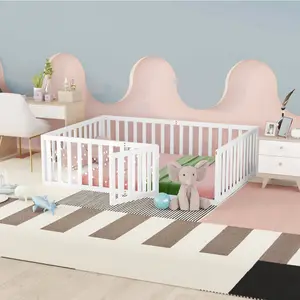 Toddler Bed Frame, Full-Size Wood Floor Bed with Safety Fence and Door, Low Montessori Daybed for Kids, Space-Saving Indoor Reading Nook Furniture