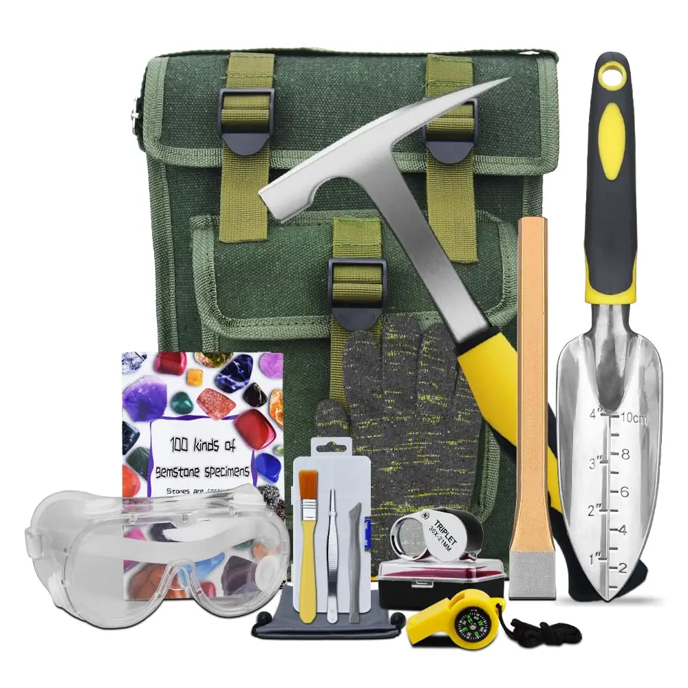 14 Geology Rock Pick Hammer Kit  Mining & Prospecting Equipment Tool Musette Bag 22oz Digging Chisels Shovel Magnifying Glass Whistle Goggles