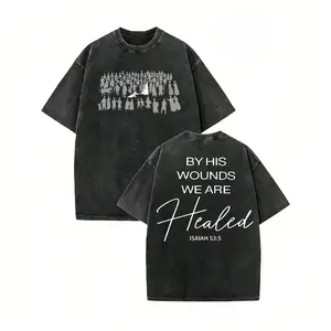 "By His Wounds We Are Healed" Isaiah 53:5 Dual-Sided Christian T-Shirt, Nativity Scene Graphic Tee, Vintage Washed Black Oversized Cotton Top, Faith-Inspired Apparel