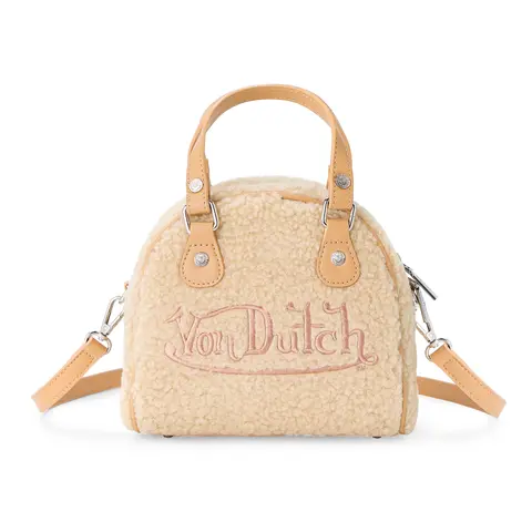 Von Dutch Women's Beige Sherpa Bowler Bag - PU Leather, Embroidered, Casual Style, Zip Closure, Detachable Crossbody Strap for Hands-Free Use