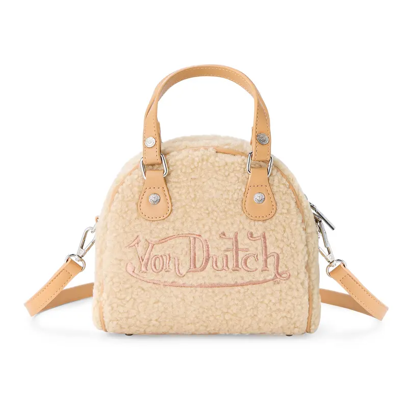 Von Dutch Women's Beige Sherpa Bowler Bag - PU Leather, Embroidered, Casual Style, Zip Closure, Detachable Crossbody Strap for Hands-Free Use