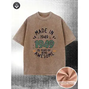 230g washed cotton T-shirt, dark gray denim style, features unique 'MADE IN 1949' and '75 YEARS OF BEING AWESOME' text design, high-quality batik cotton, perfect for casual wear and outdoor activities,