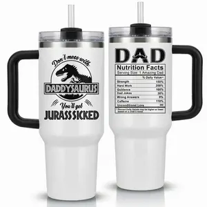 Daddysaurus 40oz Tumbler with Handle, Funny Father's Day Gift, Dad Nutrition Facts Travel Mug, Birthday Gift for Dad Husband from Kids Daughter Son
