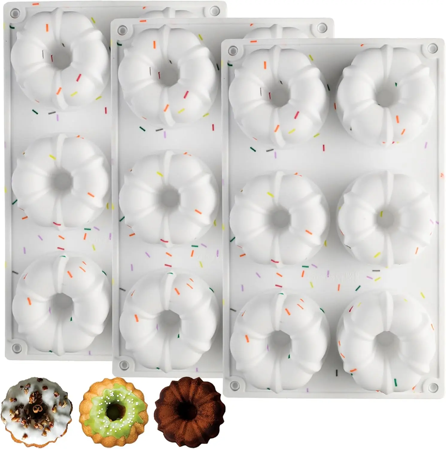 Mini Bundt Cake Pan, 3pcs Silicone Fluted Tube Cake Pans, 6-Cavity Non Stick Silicone Baking Molds for Cupcake, Donuts,Muffin, Cornbread, Brownie, Jellies (Confetti)