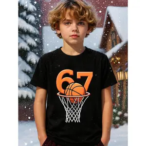 Young Boy's Basketball 67 Theme Funny Christmas 67 Meme Fun Graphic Cotton T-Shirt For Young Boys, Black Christmas Family Gift Shirts For Christmas Holiday Fun Young Boys T-Shirt - Basketball Pattern, Summer Kids Funny 67 Meme SIX SEVEN Top, Round Neck Ca