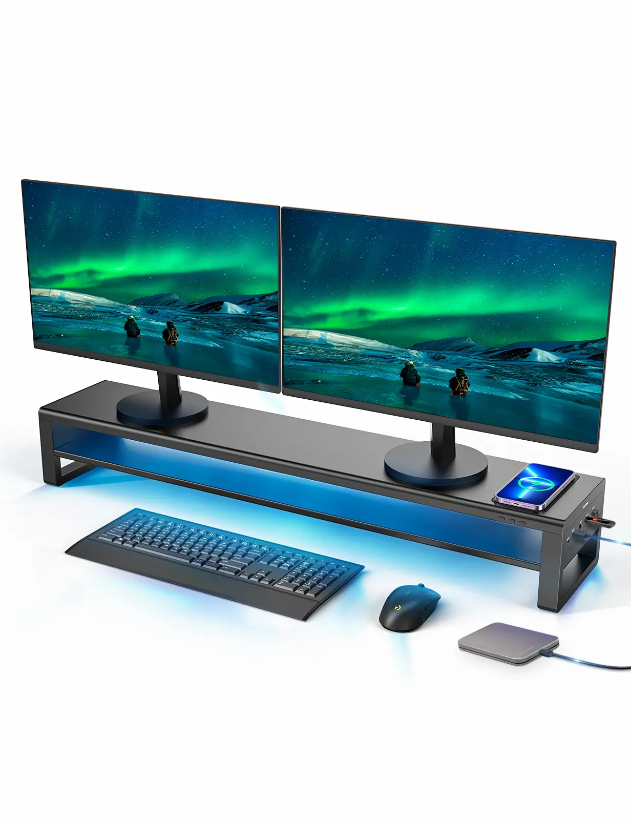 Vaydeer 2 Tiers Dual Monitor Stand Aluminum Monitor Riser with Wireless Charging and 4 USB 3.0 Hub Ports Metal Strong&Sturdy for PC Monitor Laptop Computer TV Printer Space Saving Desk Organizer