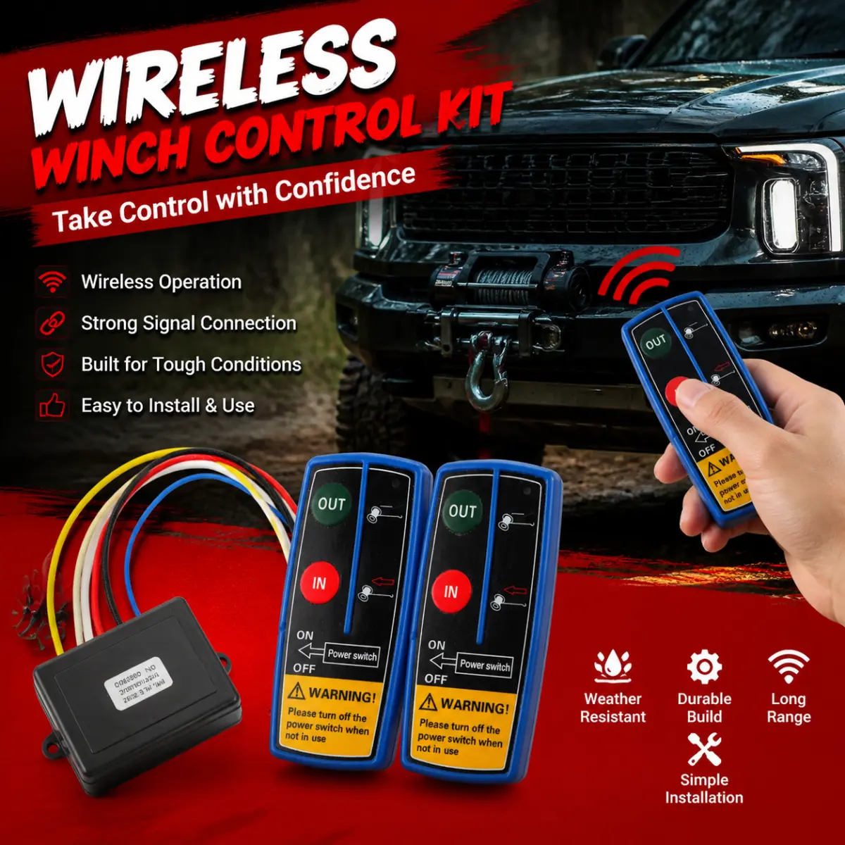 12V All-in-1 Wireless Waterproof Handheld Winch Remote Control Kit, Easy-Install Switch for Offroad Jeep, ATV, SUV, Trailer Winch Modification