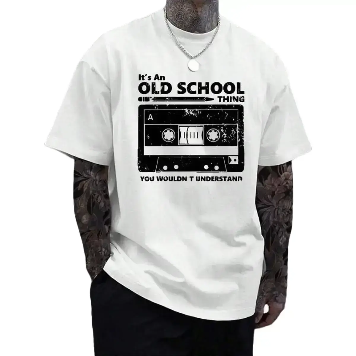 Men's Retro Vintage Graphic Cotton Fabric T-Shirt - "It's an Old School Thing" Cassette Print, Soft Crew Neck, Medium Cut, Casual Summer Short-Sleeve, Machine Washable, M-5XL Multi-Size Unisex Tee