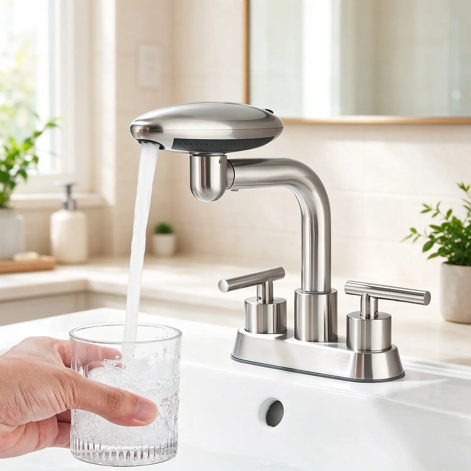 Brushed Nickel Bathroom Sink Faucet, Modern 2-Handle 4-Inch Centerset Vanity Faucet with Fixed Spout and Pop-Up Drain Assembly