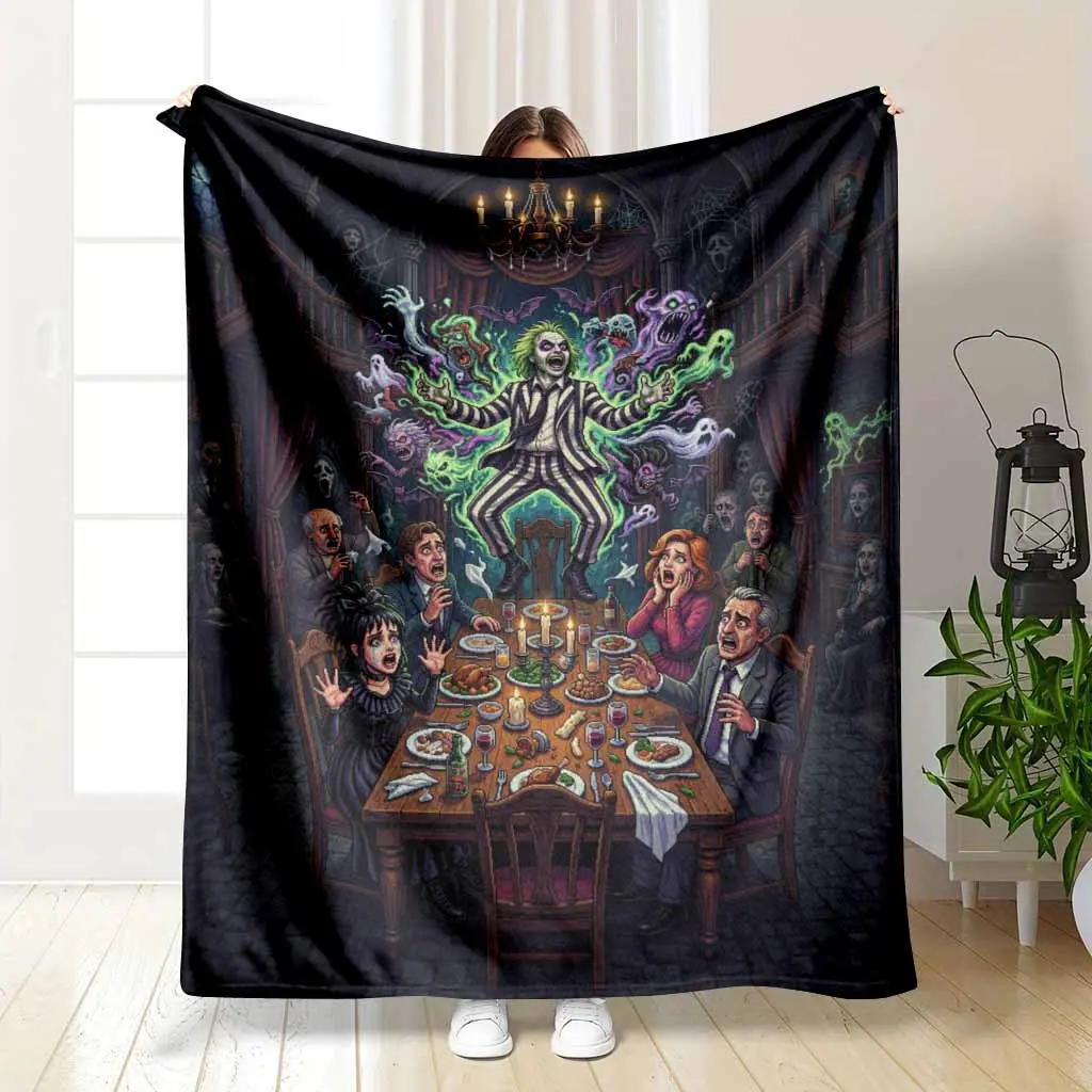 Beetlejuice Haunted Dinner Party Flannel Throw Blanket, 60*80inch (Large Size for Adults), 80s Classic Horror Comedy Movie Art Print, Soft Warm Lightweight Breathable Durable Wrinkle Resistant, Machine Washable Bedding for Couch Halloween Decor Gift, Brea