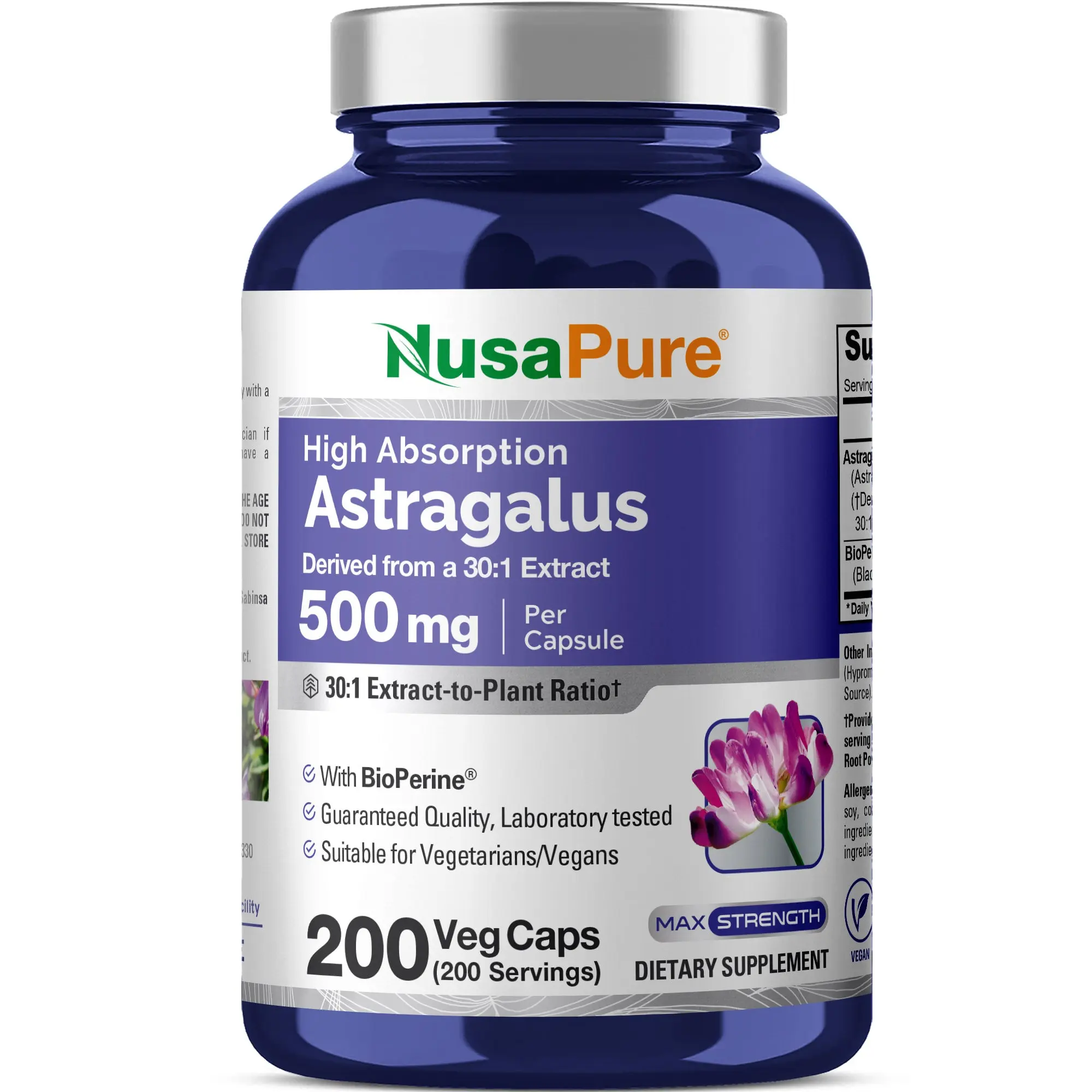 NusaPure Astragalus Root 30:1 Extract Dietary Supplement, 500 mg Natural Vegetarian Vitamins Supplements, 200 Veg Capsule, Vegan-Friendly, Non-GMO, Advanced Dietary Supplement, Daily Supplement
