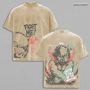 ''I'm the King of the Mountain'' Inosuke Hashibira T-Shirt Demon Slayer Anime Graphic Tee Acid Washed Cotton Shirt Manga Streetwear Soft Casual Menswear Gift for Demon Slayer Fans Infinity Castle Arc Merch M06