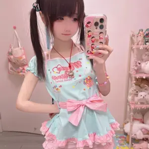 TOP Japanese Sweet Cute Soft Girl Short Sleeve T-shirt Lace Ruffle Tie Front Blouse Girly Cake Hem Casual Top
