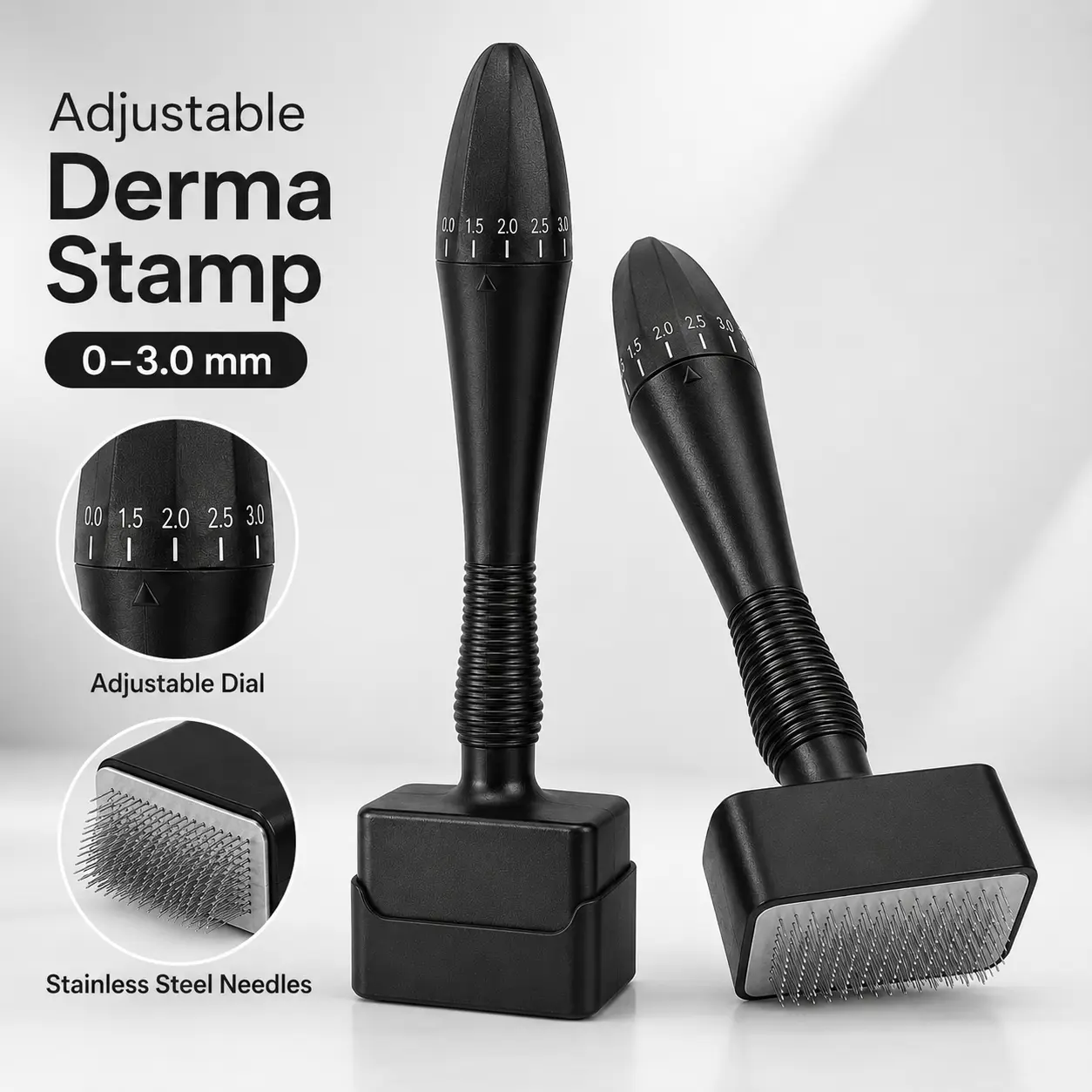 Adjustable Derma Stamp for Face Care, Handheld Skincare Tool with Length Control Dial, Textured Easy-Grip Handle and Protective Storage Base