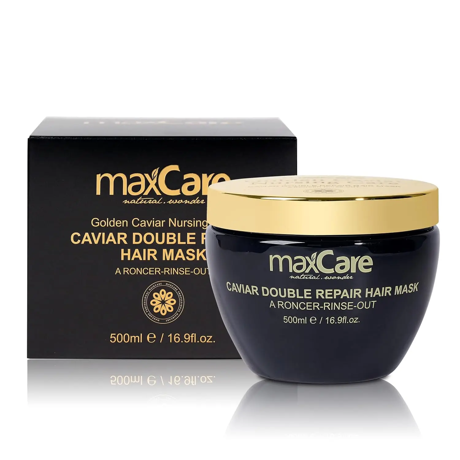 maxCare Golden Caviar Double Repair Hair Mask - 500ml Organic Keratin Protein Lightweight Moisturizer, Hydrating Treatment for Adult Dry, Frizzy, Wavy Locks to Boost Moisture & Glossy Finish, Damaged Hair, Glossy Hair