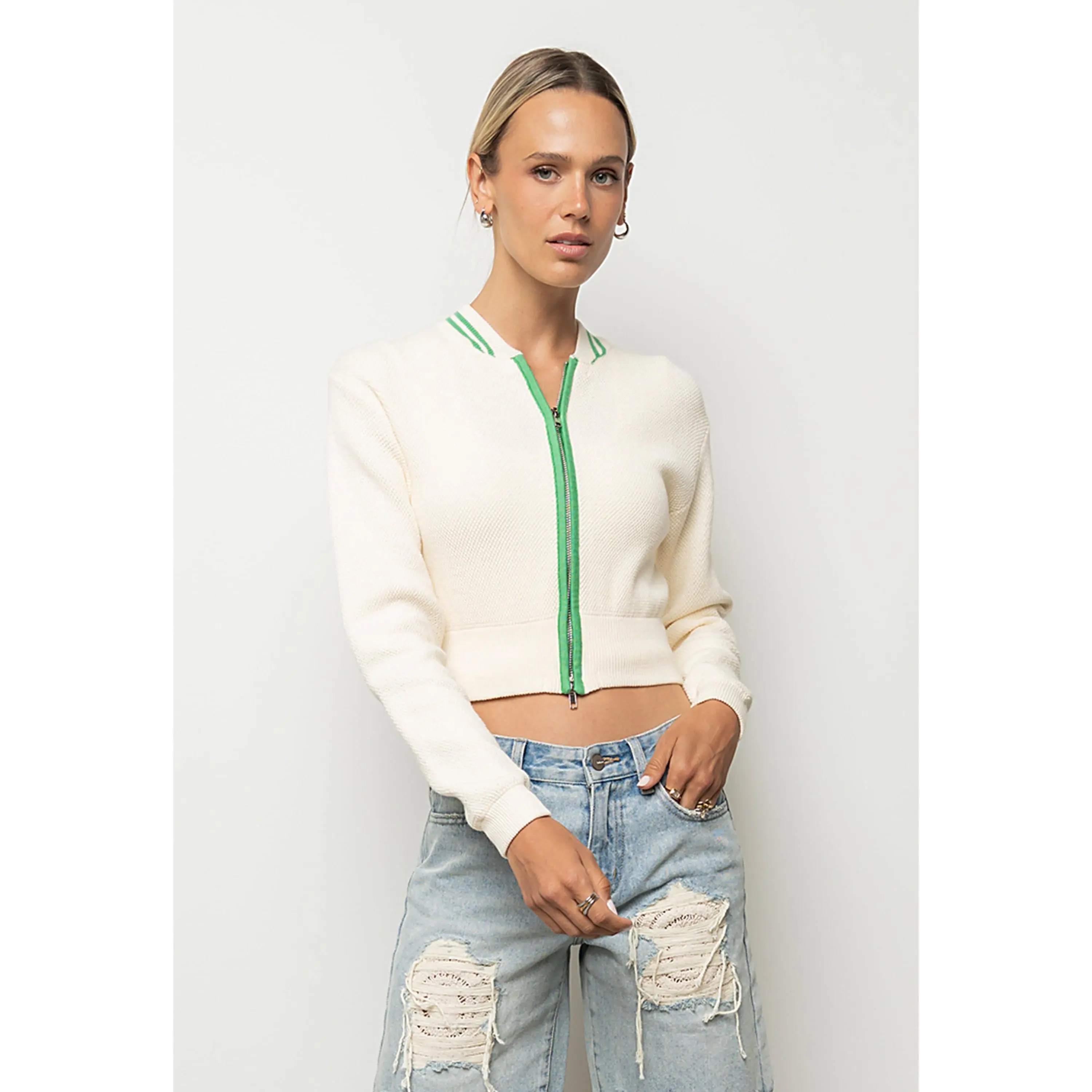 Women's Coco Zipper Cotton Sweatshirt - White, Long Sleeves, Stretchy Fabric, Basic Casual Tops, Longsleeves