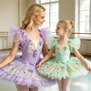 Kid and adult Women Ballet Dance Performance Costume with Lace & Tulle Skirt for Dance leotard Recital Halloween Birthday Party Mommy daughter dress