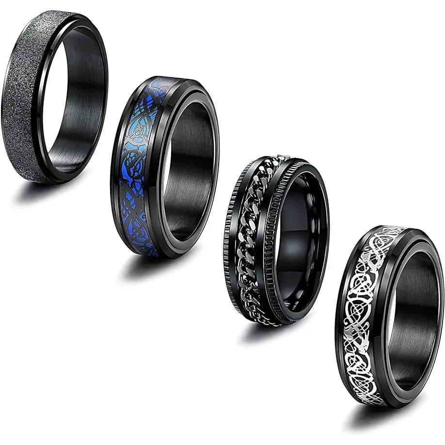 FINREZIO Unisex 4-Pcs Black Stainless Steel Dragon Motif Stacking Fidget Spinner Rings - Stress Relief Tool, Fashion Rings for Adults, Thumb/Wedding Band Jewelry Set for Daily Wear, Sizes 7 to 13