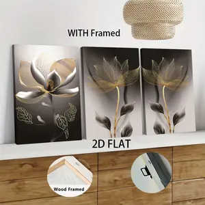 3pcs Framed  Modern Minimalist Golden Line Magnolia Flower Decorative Painting LuxuryWall Art with Wooden Frame Canvas Print Home Wall Decor Artwork Multiple Sizes Available 2D Flat home decor