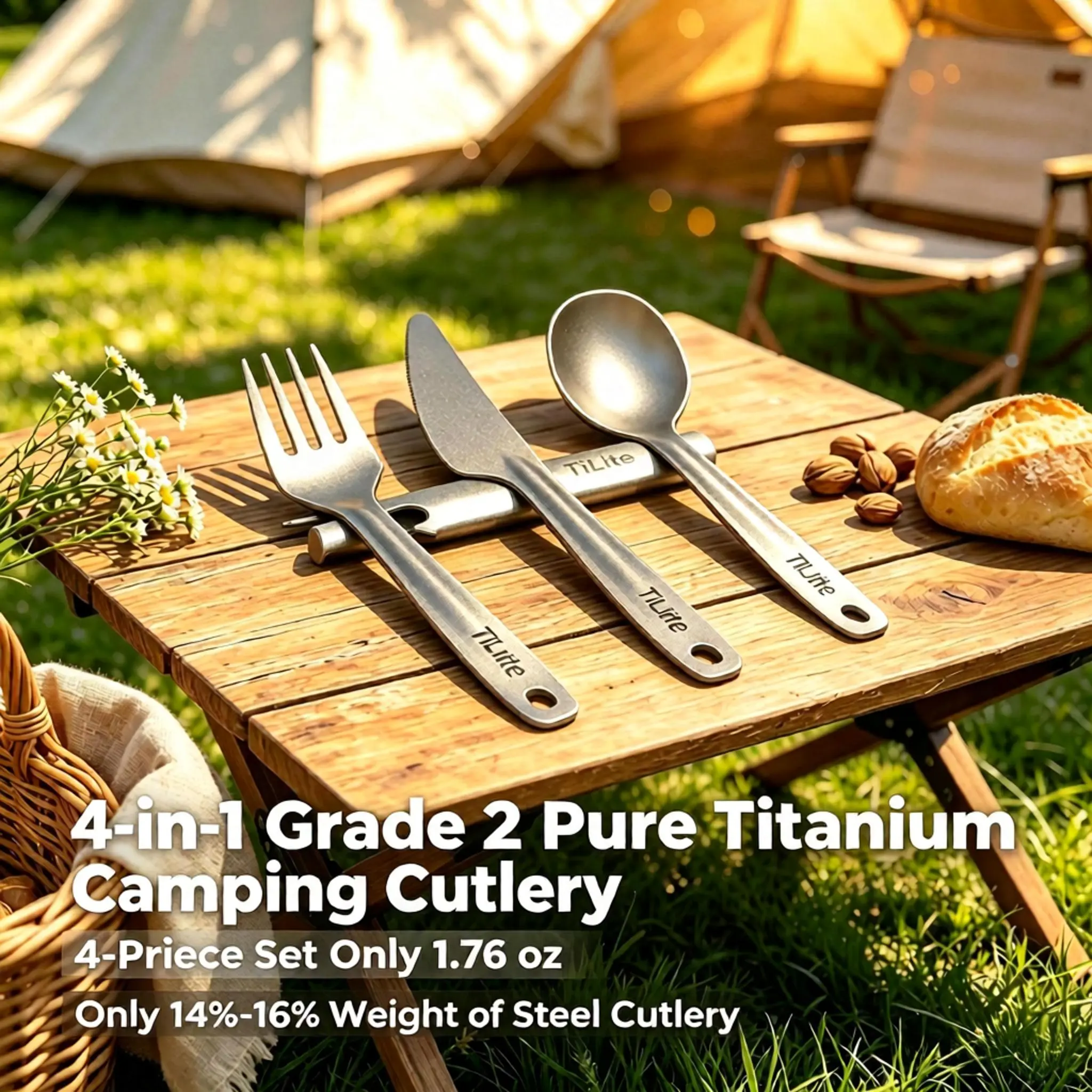 Pure Titanium Cutlery Set 4-in-1 Camping Utensils with Spoons, Bottle Opener, Can Opener, Screwdriver, Grade 2 Material, Weighs Just 14%-16% of Regular Stainless Steel Cutlery, Ultra Light Odor-Free Tableware for Backpacking, Hiking & Wilderness Camping