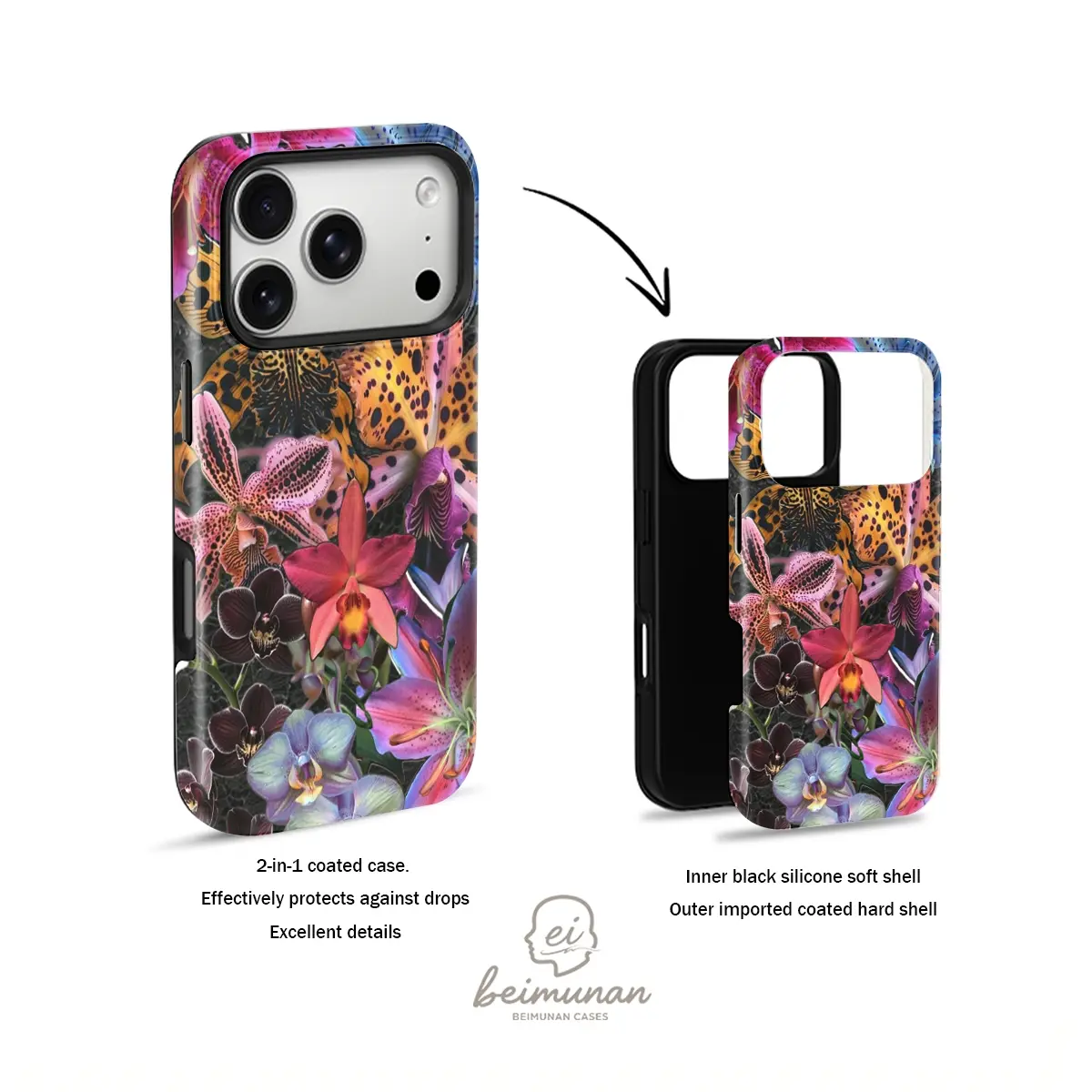 Exotic Floral Orchid Print Phone Case， Heavy Duty Shockproof 2in1 Protective Case for iPhone 17 16 15 14 13 12 Pro Max， Samsung Galaxy S25 S24 S23 S22 Ultra Series Holiday Gift Minimalist Fashion Cover