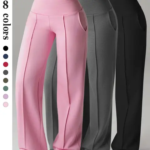 Women's Solid Color High-Waist Yoga Pants, Moisture-Wicking Fabric, Fitted Bottoms, All-Season Trousers for Daily Wear, Sportswear