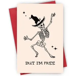 Sassy Skeleton Card - Playful Black-Hatted Skull Striking a 'I'M FREE' Pose with Winking Stars on Cream Background, Bold Typography, Perfect for Halloween, Perfect Gift for Dark Humor Lovers