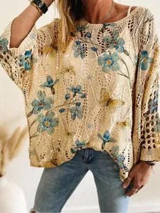Women's Floral Print Sweater Knitwear, Boho Casual Batwing Sleeve Top for Vacation Holiday Beach, Ladies Clothes for Spring & Summer