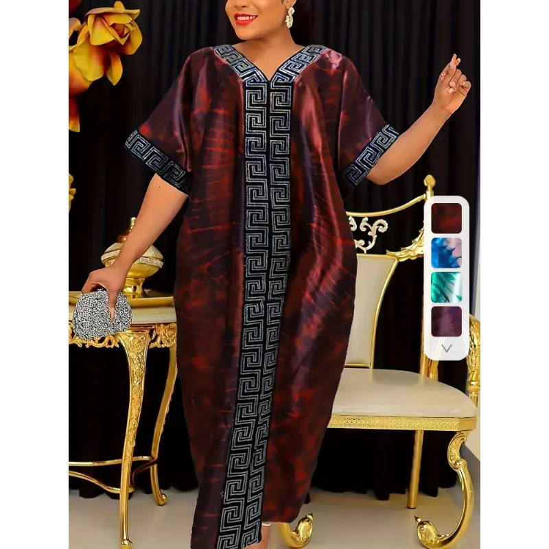 [Cultural Charm, Stylish Geometric Print] Elegant Middle Eastern-Inspired Maxi Kaftan Dress - V-Neck, Batwing Sleeves, Sequin Accents, Polyester Blend, Non-Stretch, Modest Fashion