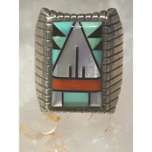 Zuni ring turquoise coral onyx MOP size 8.75 sterling silver women men