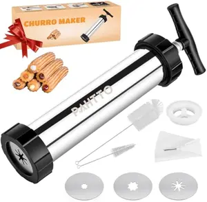 Stainless Steel Hollow Churro Machine, Churro Maker Gun with Piping Bag and 2 Cleaning Brushes, 4 Nozzles for Various Shapes, Máquina para Hacer Churros, Perfect Gift