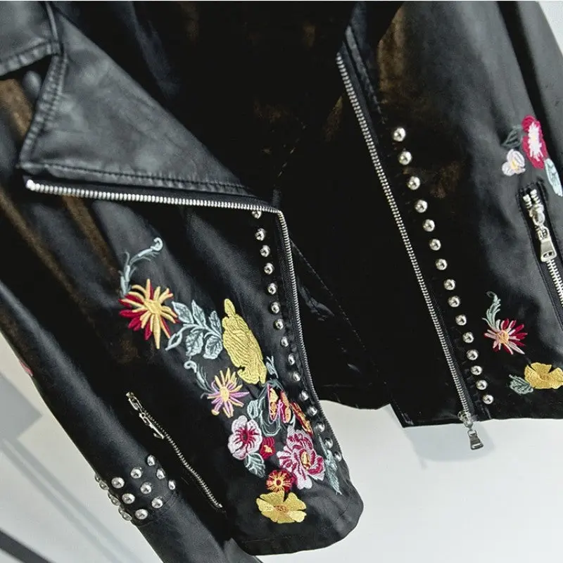 Flower Embroidery PU Leather Motorcycle Jacket