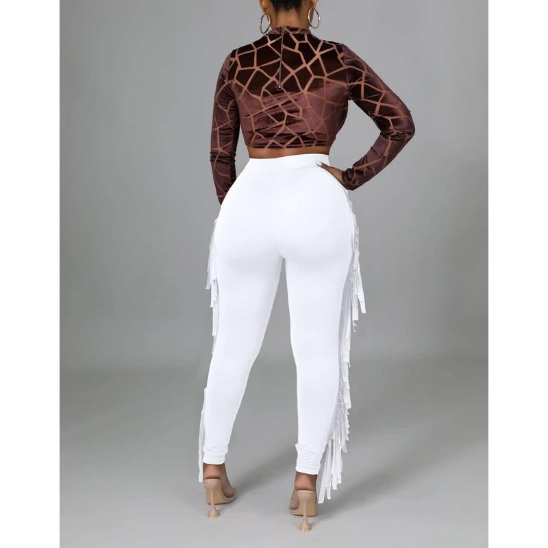 Women's Casual High Waist Fringed Pants With Elastic Waist - Bodycon Tassels Side Long Jogger Sweatpant Womenswear  Minimalist Skinny Highwaist Bottom