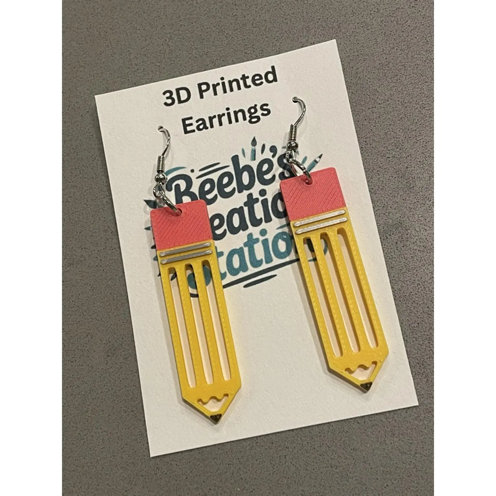 Beebe's Creation Station 3D Printed Pencil Earrings - Unique Yellow and Pink Design for Fashionable Accessories