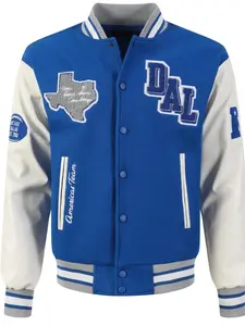 Men's Blue Baseball Team Jacket, Casual Fashion Embroidered Button-Up Top, Pocket Sportswear Patchwork PU Long Sleeve Street Style Hip-Hop Coat Fall & Winter Streetwear
