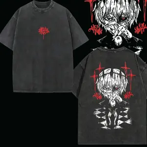 valentine shirts Tokyo Ghoul Ken Kaneki Red Eye King Flower Anime Acid Washed T-Shirt manga game movie graphic tee Menswear