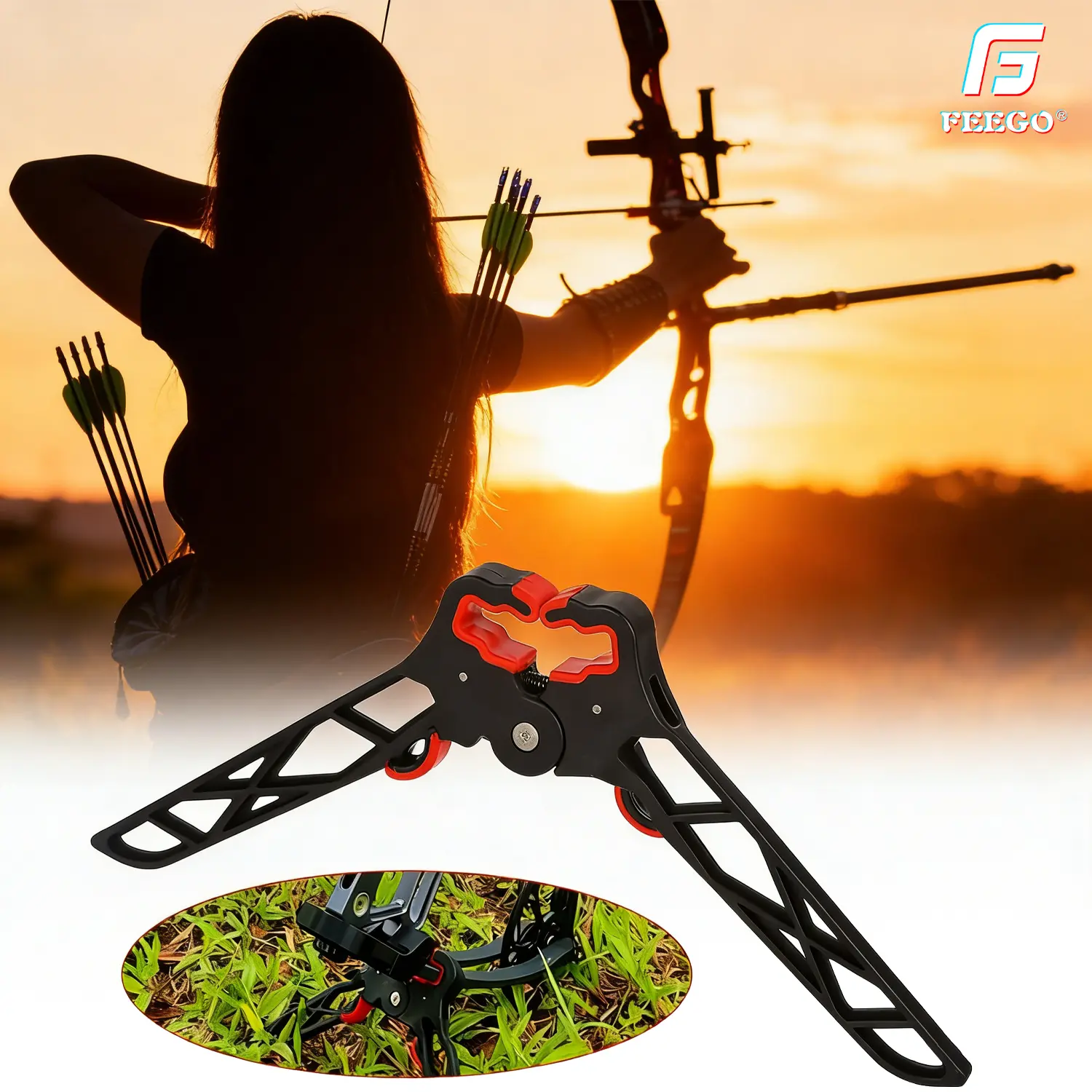 FEEGO Archery Bow Jack Lightweight Folding Bow Stand, Durable Portable Non-Scratch Rubber Grips Limbs Clamp, Bipod Ground Holder for Compound Bow Hunting Shooting Archery Accessories Blind play outdoor equipment