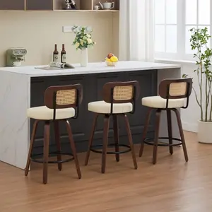 Set of 3 Counter Height Bar Stools - 26 inch Rattan Counter Height Stools with Cane Back, Upholstered Seat, Walnut Craftsmanship, Swivel Counter Stools for Island/Kitchen/Counter/Bar (Walnut Beige/Black))