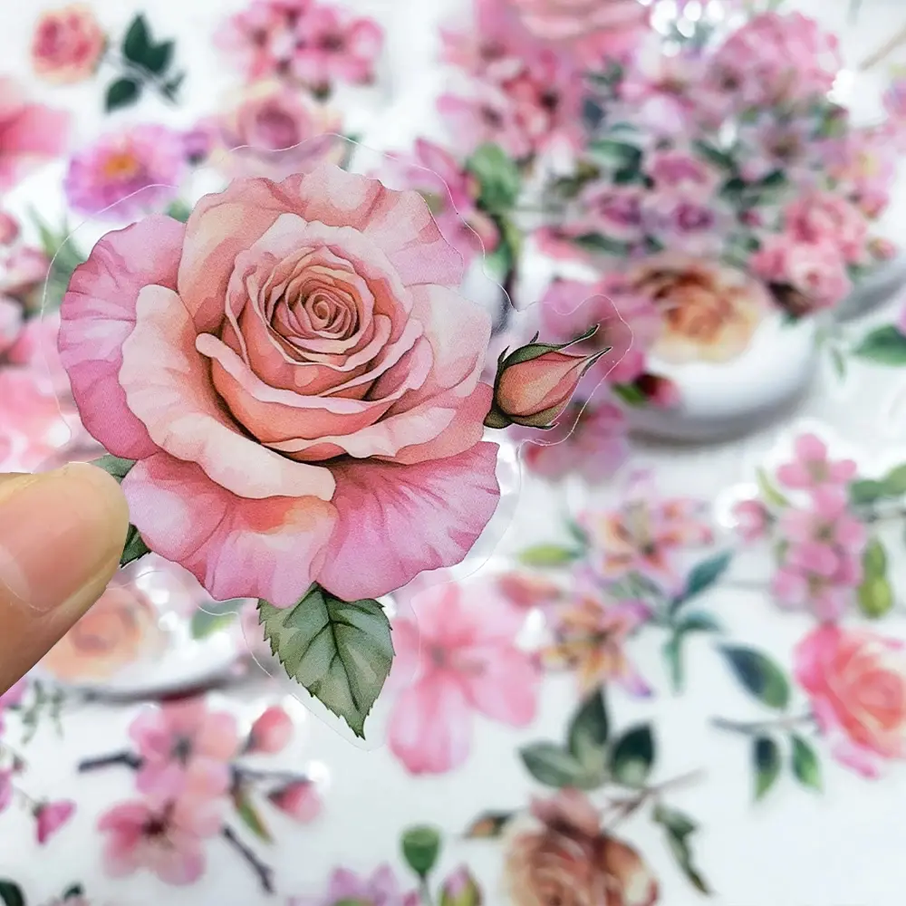 50pcs Pink Flowers PET Stickers Decals For Phone Laptop Notebook Skateboard Guitar Helmet DIY Aesthetic Transparent Stickers